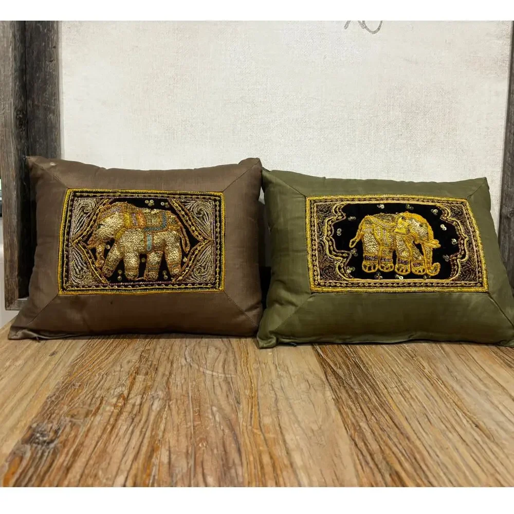 Pair Hand Beaded Elephant Throw Pillows Silk Sequin Boho Indian 8.5 X 11.5